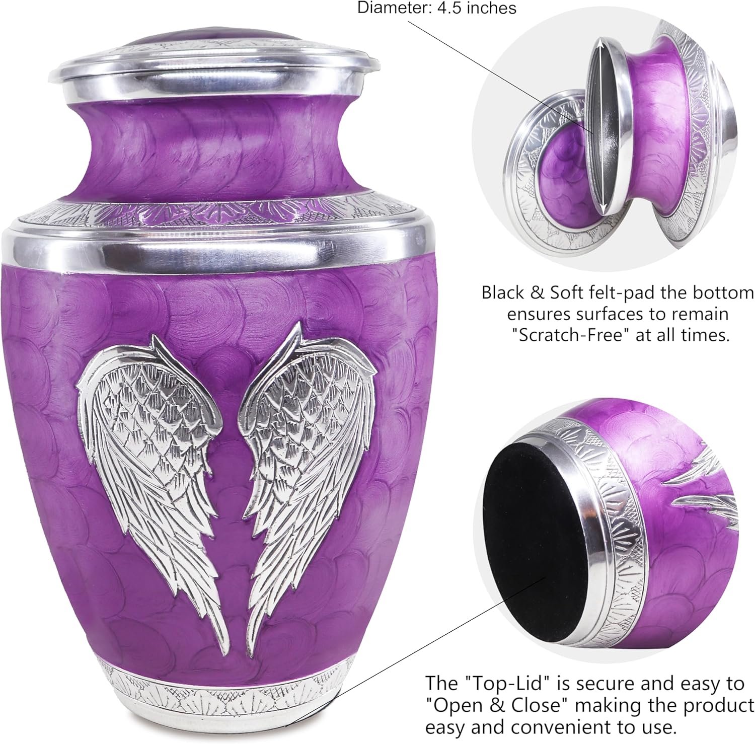 Large Purple Cremation Urn with Silver Angel Wings – Decorative Burial Urn for Adult Men & Women - Image 3