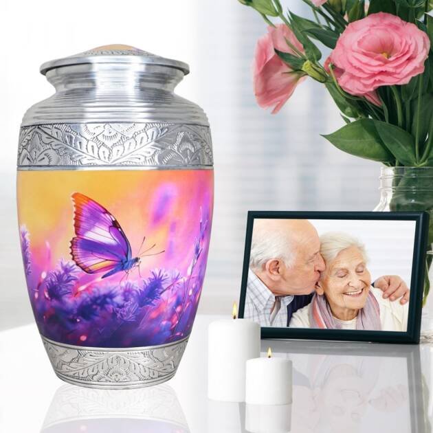 Large Cremation Urn for Human Ashes Burial Urn with Purple Butterflies, Flower & Butterfly for Men & Women