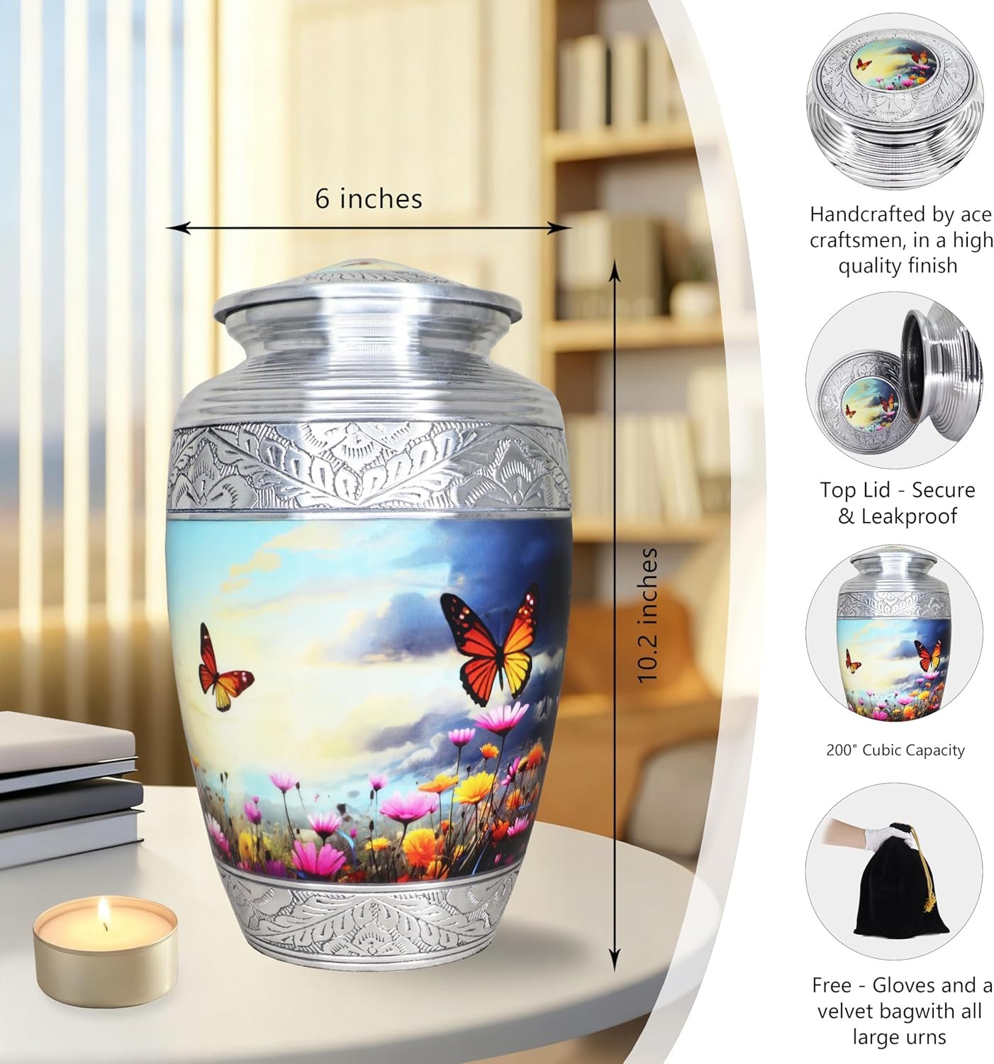 Large Cremation Urn for Human Ashes Burial Urn with Colorful Butterflies, Flower & Butterfly for Men & Women - Image 3