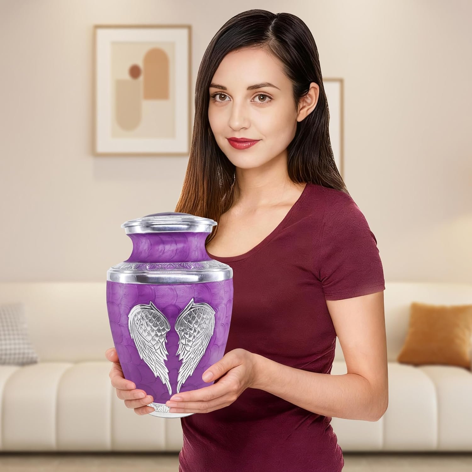 Large Purple Cremation Urn with Silver Angel Wings – Decorative Burial Urn for Adult Men & Women - Image 6