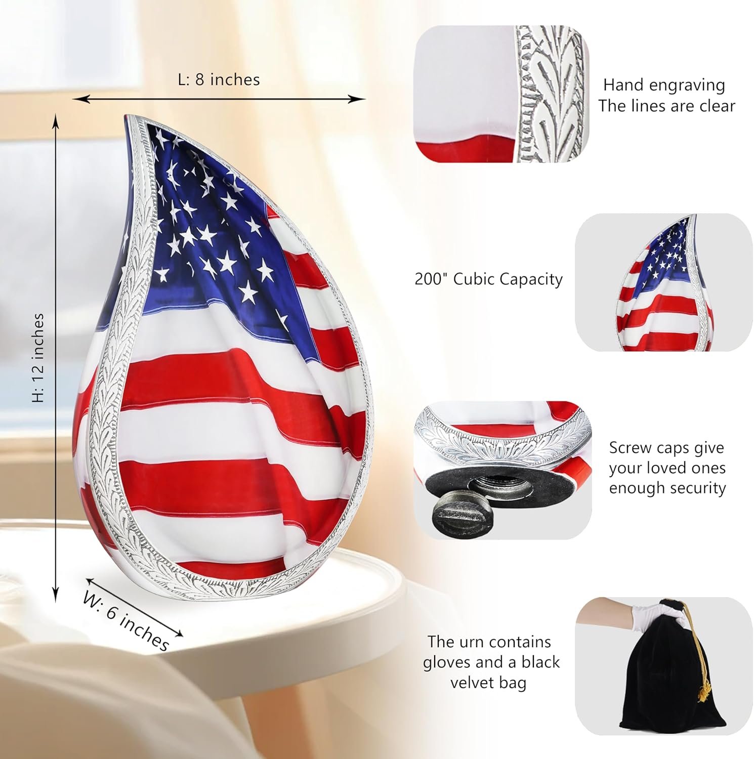 Large Patriotic Colorful & Flag Teardrop Cremation Urn β Veteran Flag Design for Adult Men & Women - Image 3