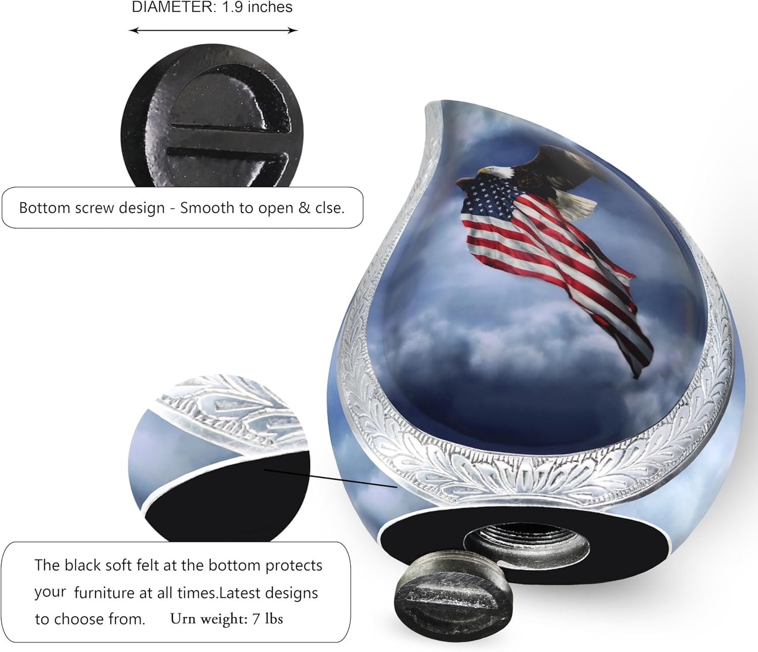 Large Patriotic Eagle & Flag Teardrop Cremation Urn β Veteran Flag Design for Adult Men & Women - Image 2