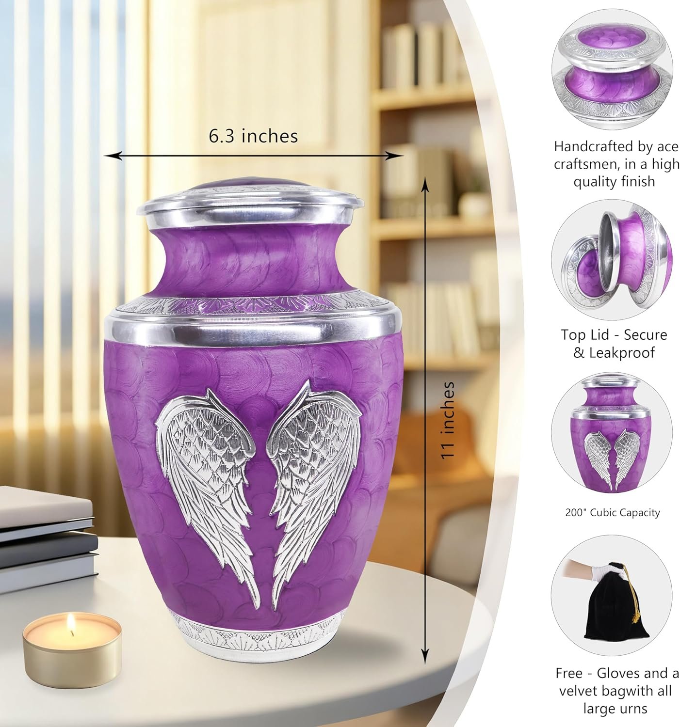 Large Purple Cremation Urn with Silver Angel Wings – Decorative Burial Urn for Adult Men & Women - Image 7