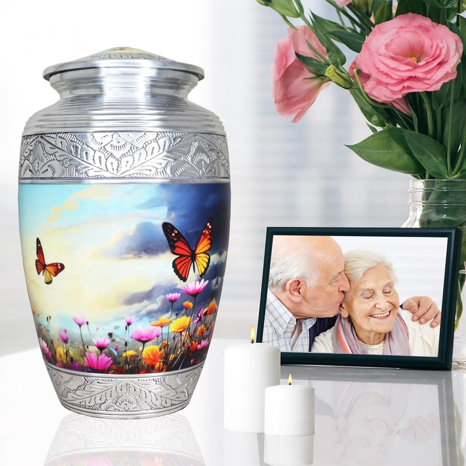 Large Cremation Urn for Human Ashes Burial Urn with Colorful Butterflies, Flower & Butterfly for Men & Women