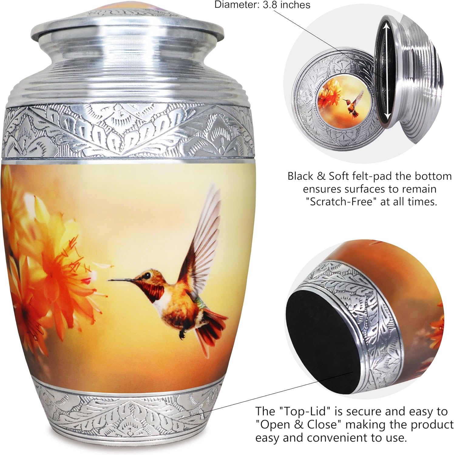 Large Yellow Hummingbird & Floral Cremation Urn – Decorative Memorial Urn for Adults - Image 4