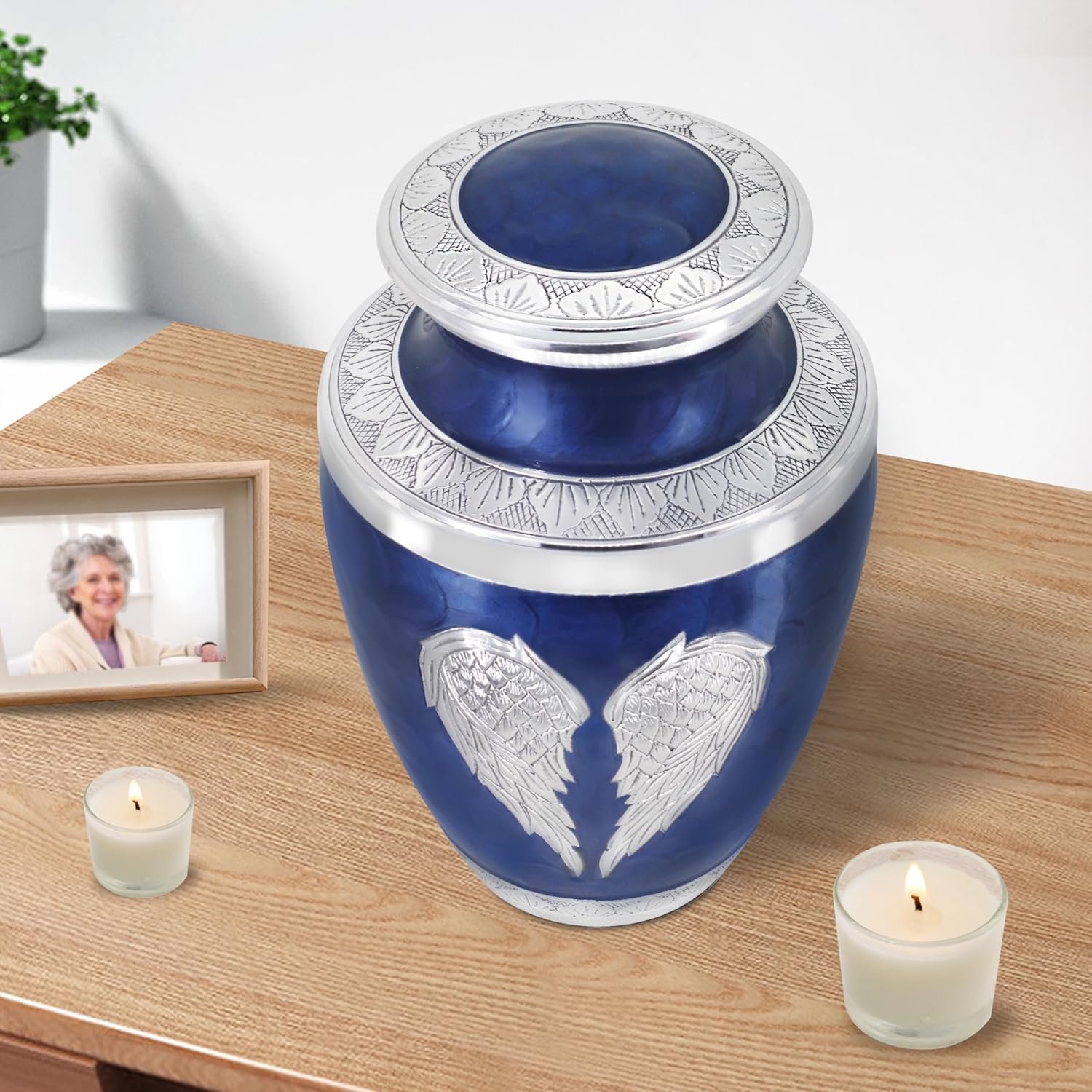 Large Dark Blue Cremation Urn with Silver Angel Wings – Decorative Burial Urn for Adult Men & Women - Image 5
