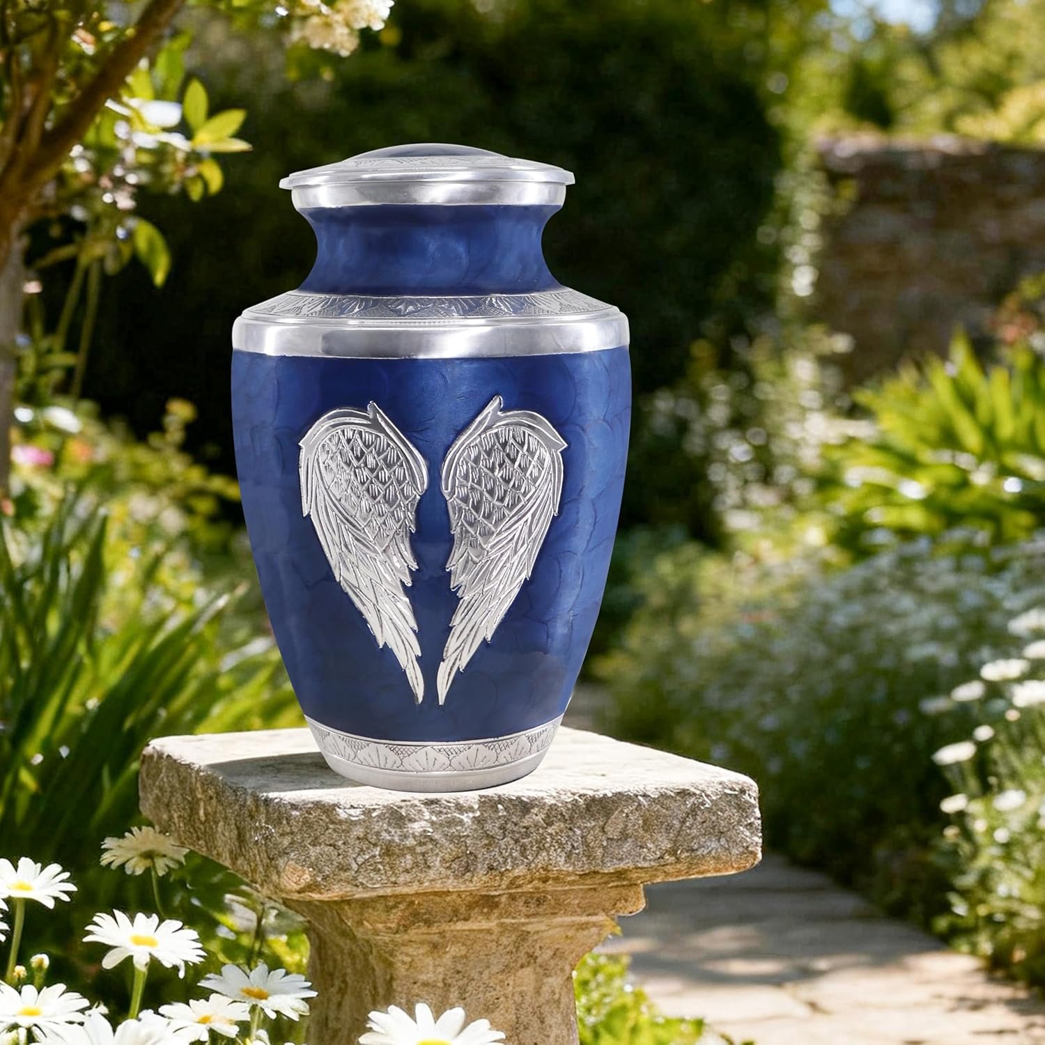 Large Dark Blue Cremation Urn with Silver Angel Wings – Decorative Burial Urn for Adult Men & Women - Image 4