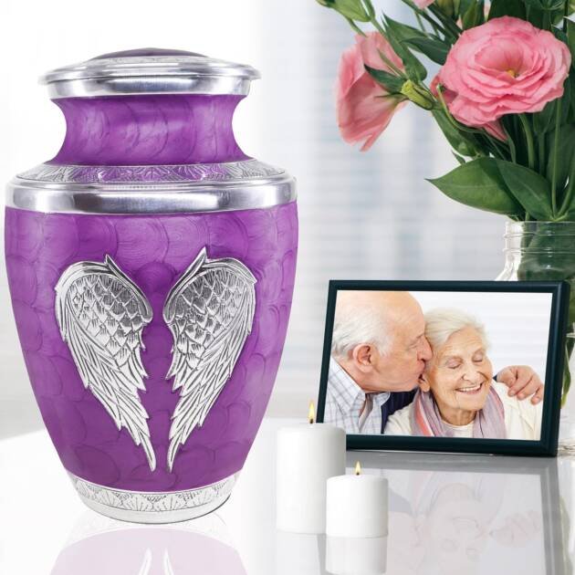 Large Purple Cremation Urn with Silver Angel Wings – Decorative Burial Urn for Adult Men & Women