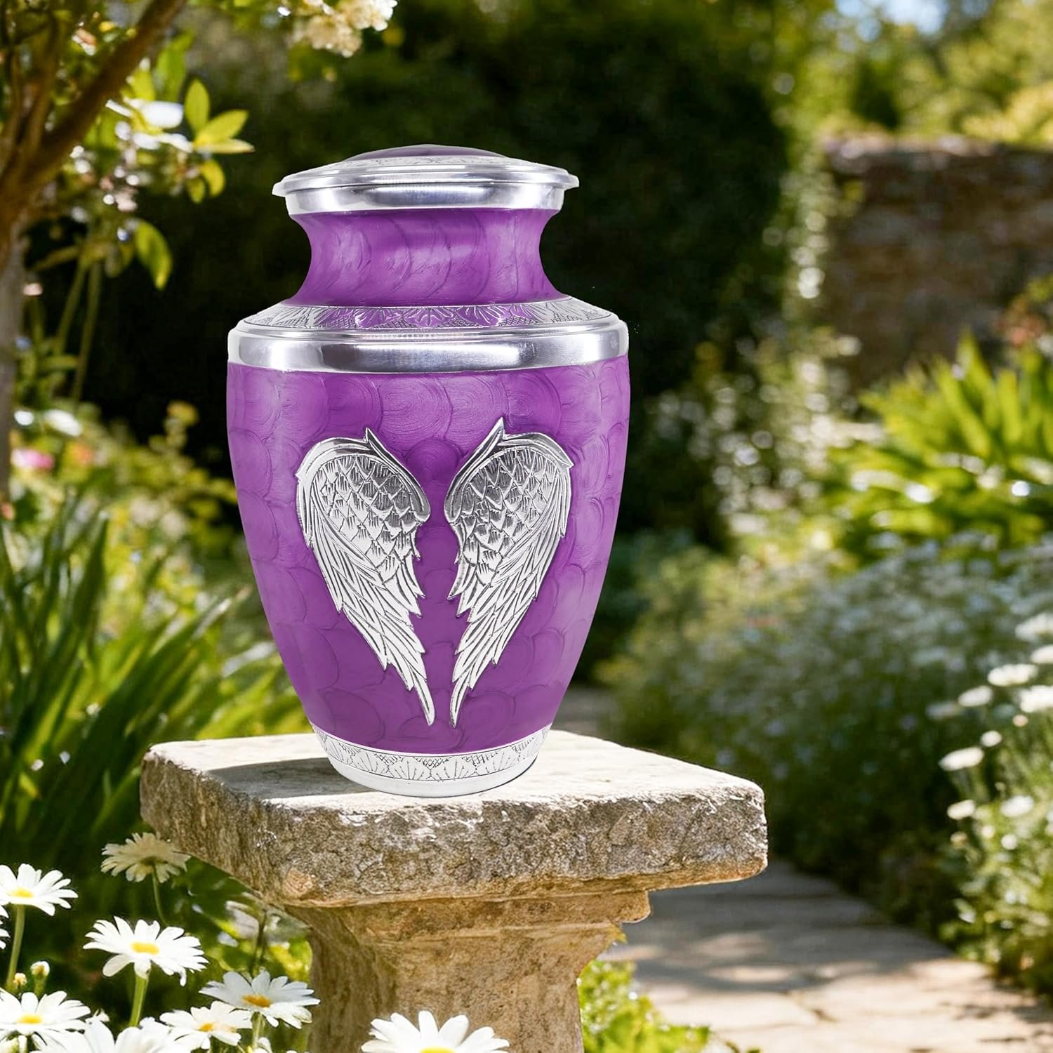 Large Purple Cremation Urn with Silver Angel Wings – Decorative Burial Urn for Adult Men & Women - Image 4