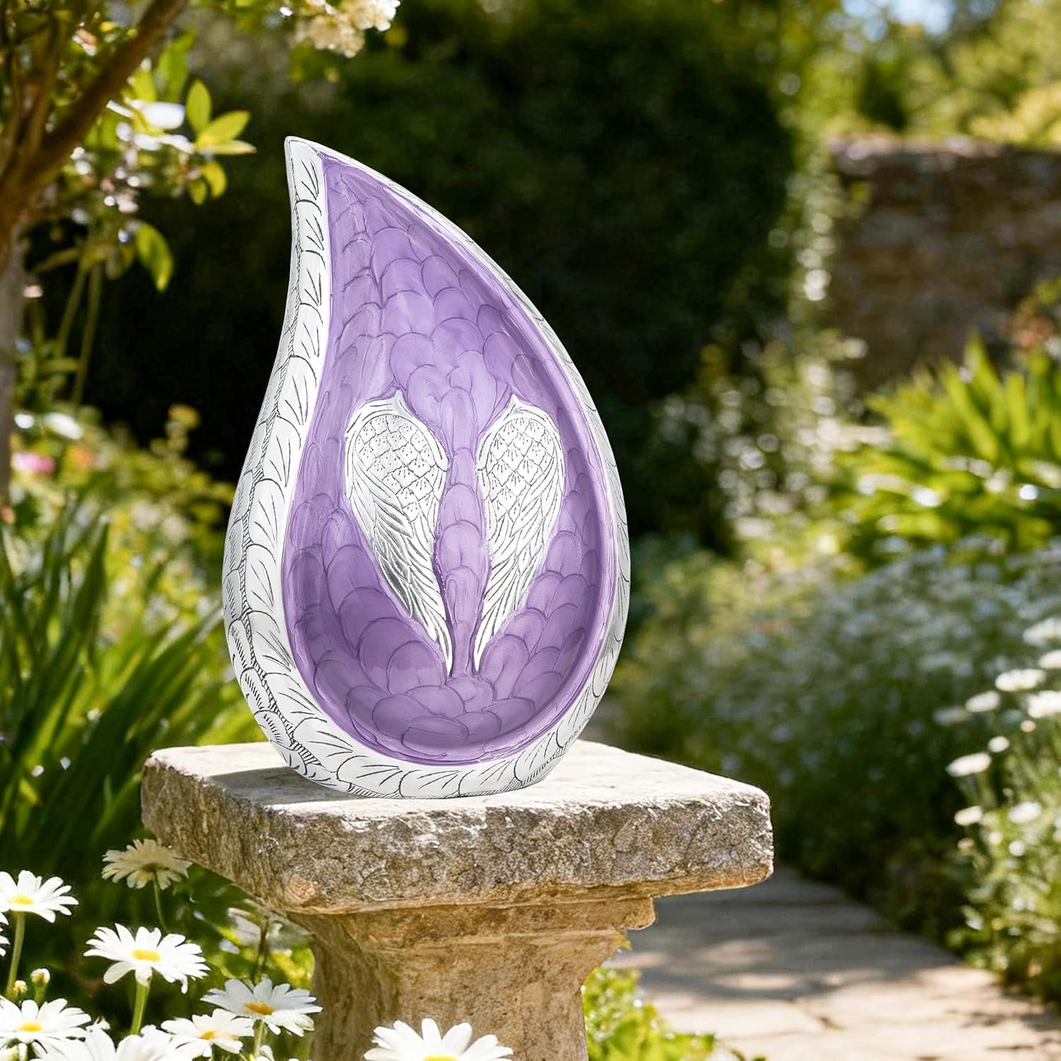Large Teardrop Cremation Urn with Purple Engraved Angel Wings – Decorative Burial Urn for Adults - Image 4