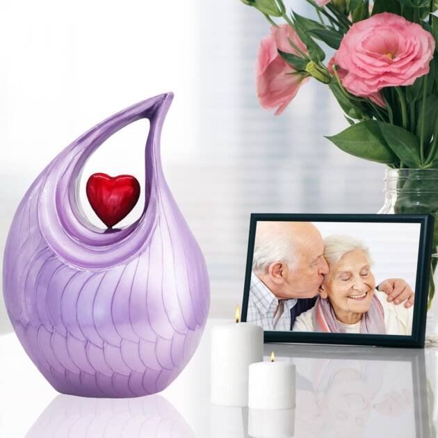 Large Cremation Urn for Human Ashes – Red Heart & Purple Teardrop Design