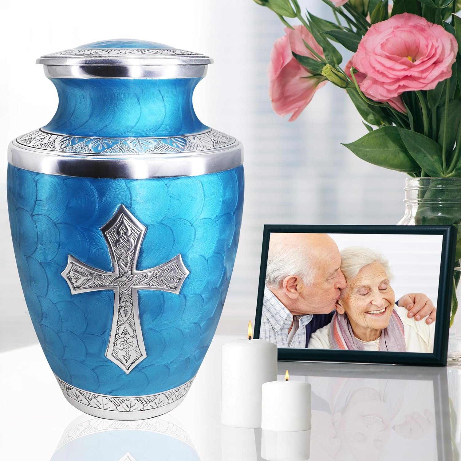 M MEILINXU Cremation Urns for Human Ashes Adult Man & Women, Urn for Ashes Adult Male & Female, Burial, Cross Decorative Urns for Funeral, Silver Religion Crosses Urn, Turquoise - Large Full Size - Image 7
