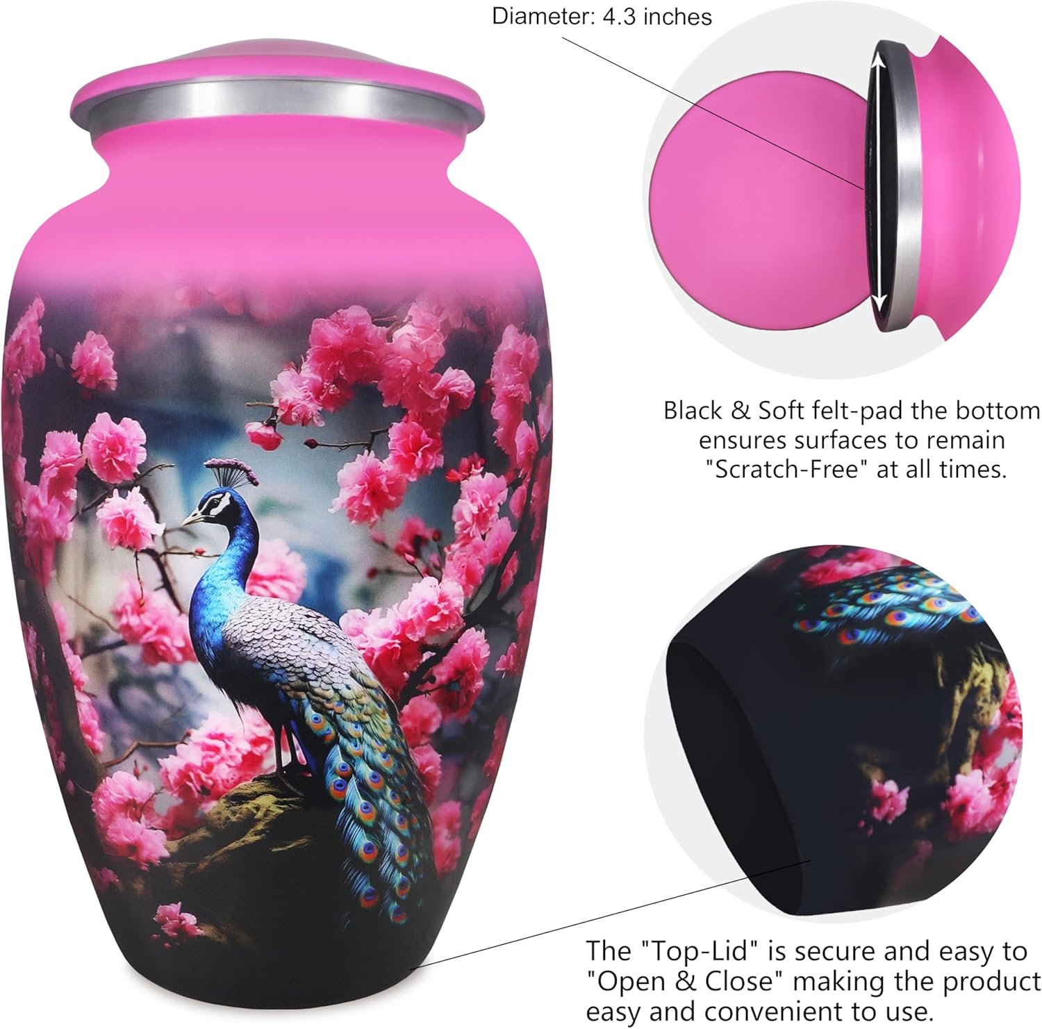 Large Pink Peacock Design Cremation Urn – Floral Memorial Burial Urn for Adults - Image 4