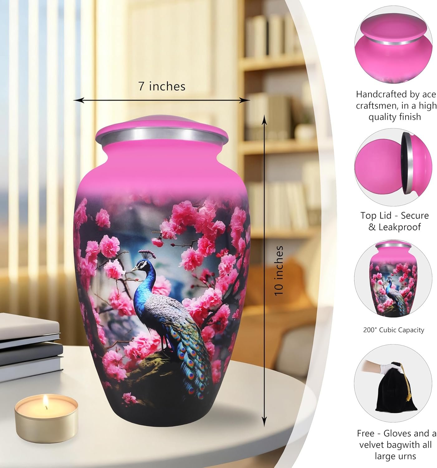 Large Pink Peacock Design Cremation Urn – Floral Memorial Burial Urn for Adults - Image 5