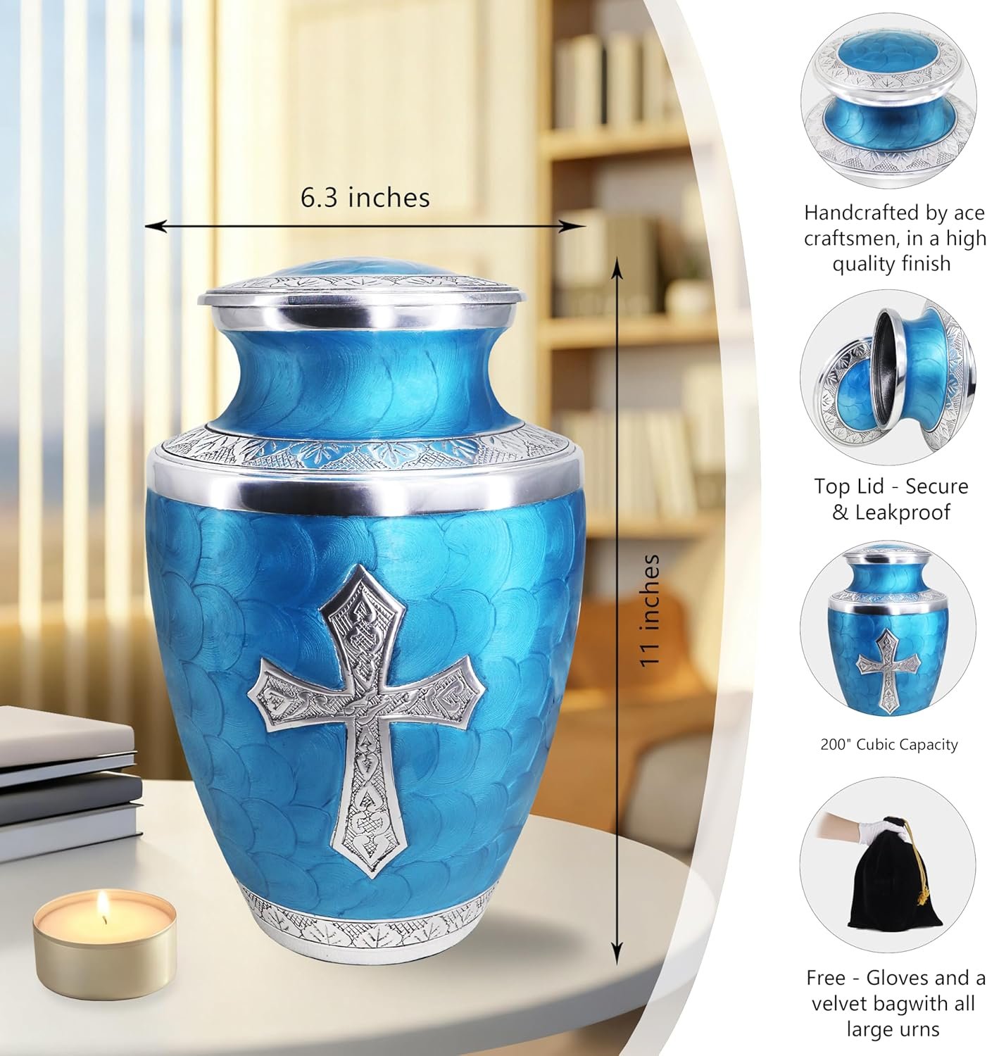 M MEILINXU Cremation Urns for Human Ashes Adult Man & Women, Urn for Ashes Adult Male & Female, Burial, Cross Decorative Urns for Funeral, Silver Religion Crosses Urn, Turquoise - Large Full Size - Image 6
