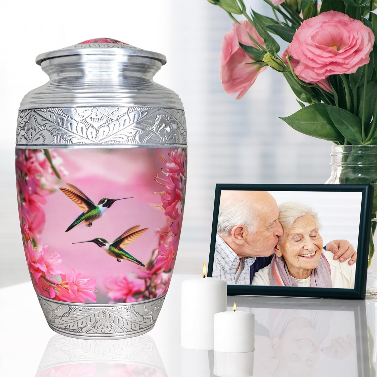 Large Pink Hummingbird & Floral Cremation Urn – Decorative Memorial Urn for Adults