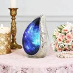 Small Teardrop Keepsake Blue & Black Urn for Ashes – Brass, Cosmic Galaxy & Aurora Borealis