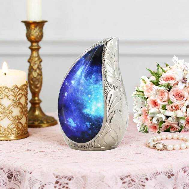 Large Adult Teardrop Blue & Black Urn for Ashes – Brass, Cosmic Galaxy & Aurora Borealis