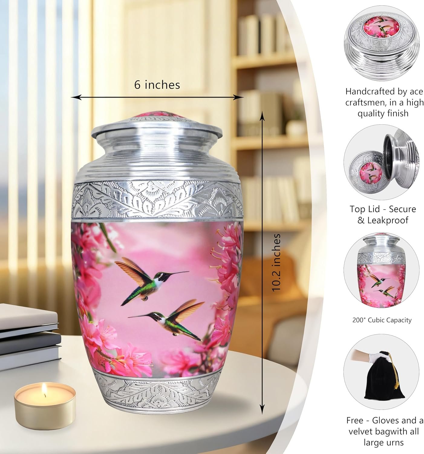Large Pink Hummingbird & Floral Cremation Urn – Decorative Memorial Urn for Adults - Image 6