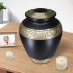 Large Black & Gold Engraved Cremation Urn for Human Ashes – Decorative Funeral Urn for Adults