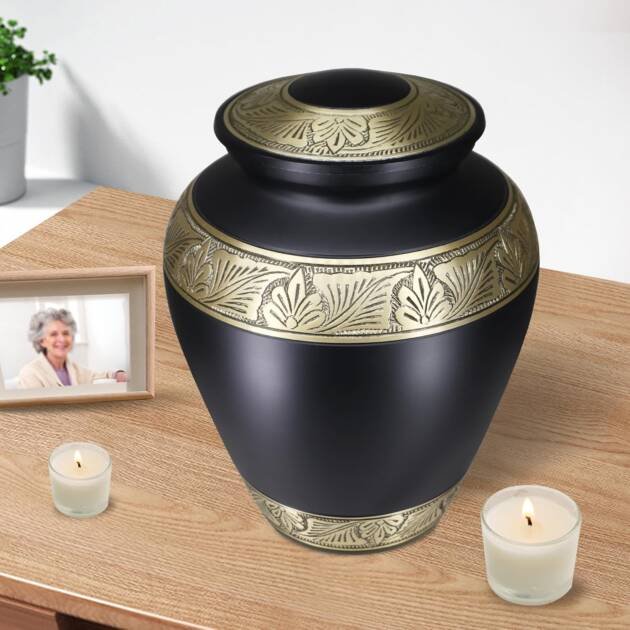 Large Black & Gold Engraved Cremation Urn for Human Ashes – Decorative Funeral Urn for Adults