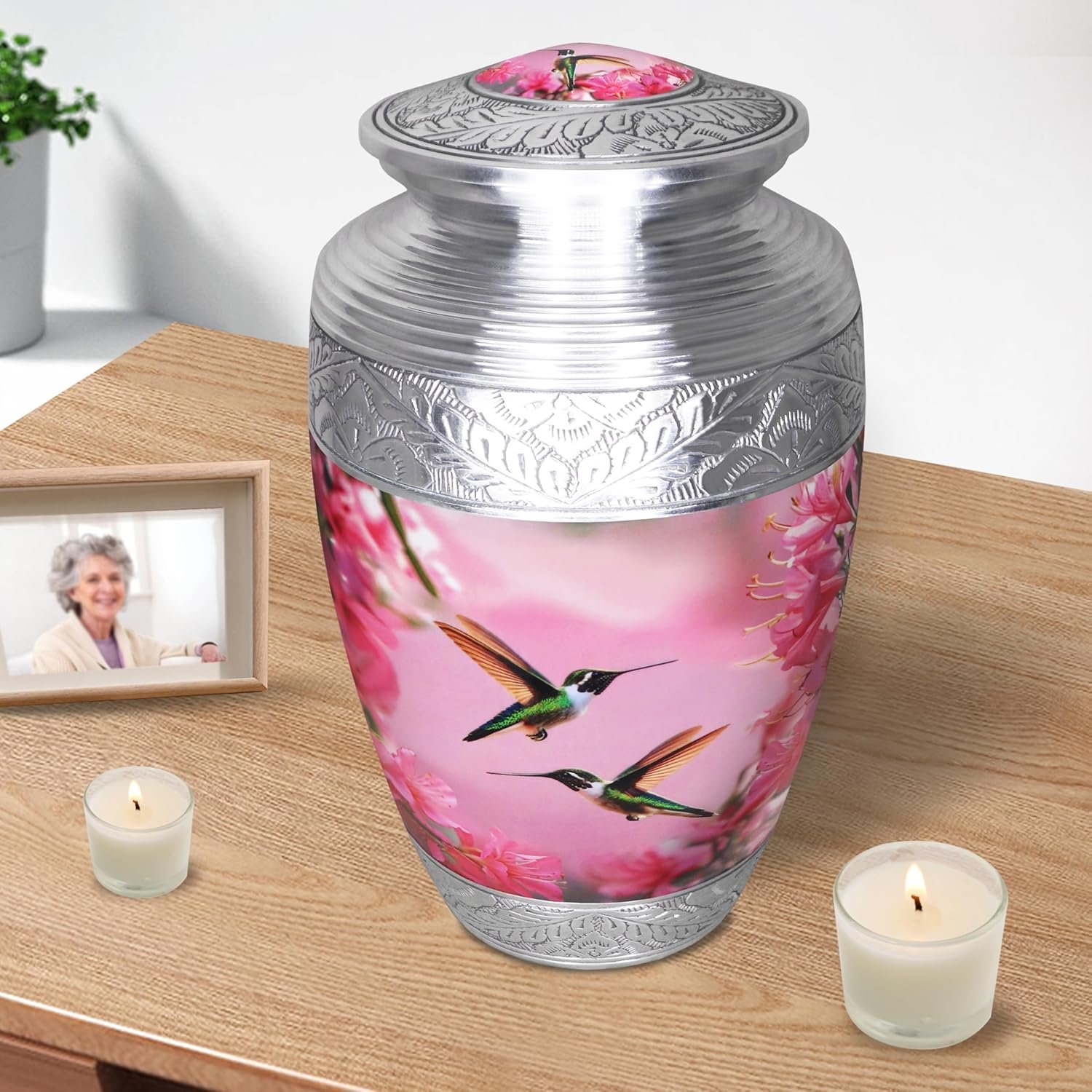 Large Pink Hummingbird & Floral Cremation Urn – Decorative Memorial Urn for Adults - Image 2