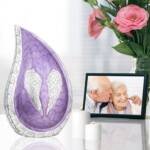 Large Teardrop Cremation Urn with Purple Engraved Angel Wings – Decorative Burial Urn for Adults