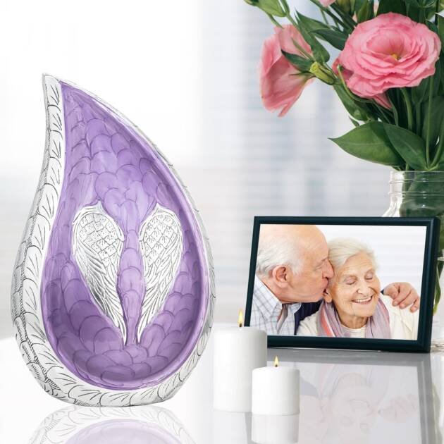 Large Teardrop Cremation Urn with Purple Engraved Angel Wings – Decorative Burial Urn for Adults