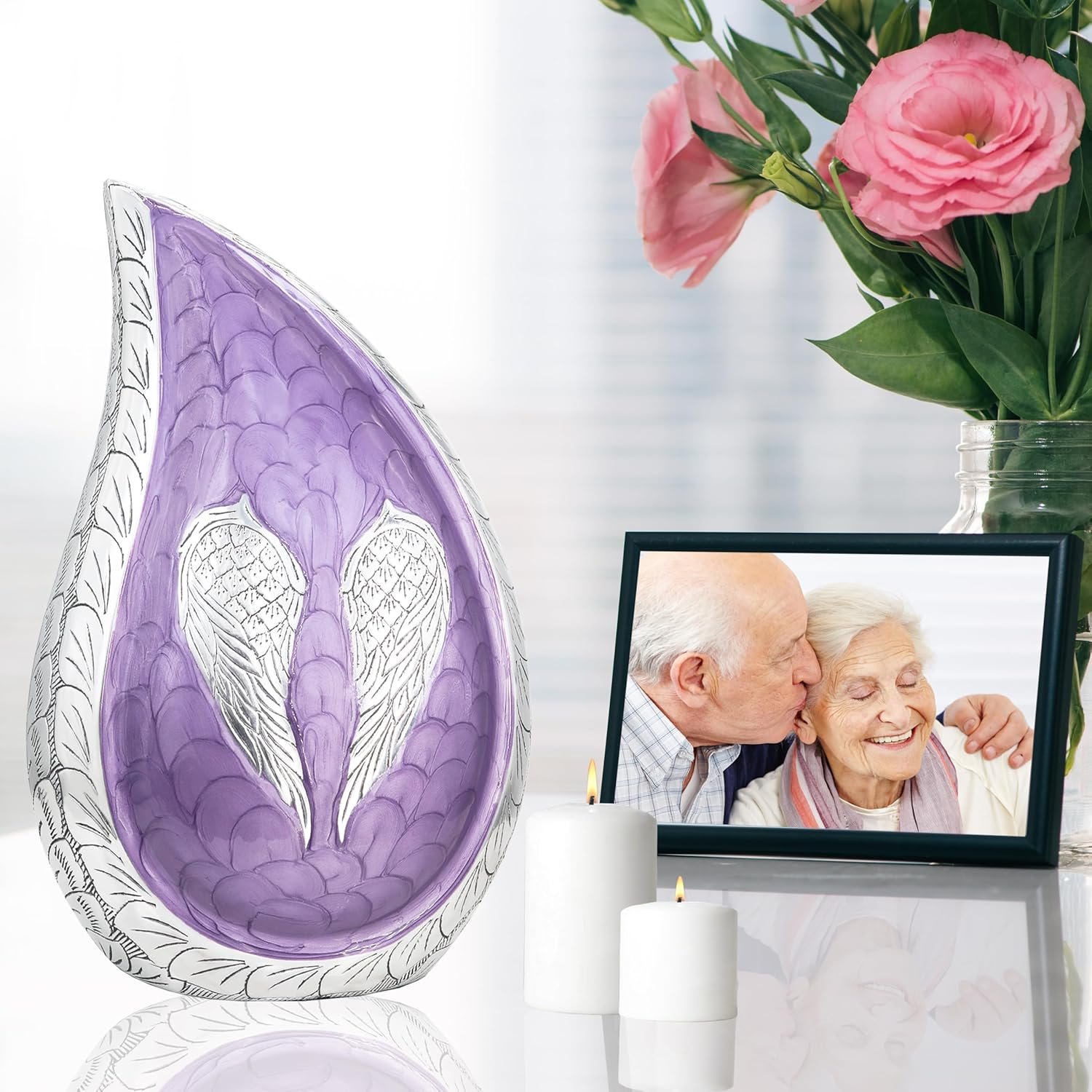 Large Teardrop Cremation Urn with Purple Engraved Angel Wings – Decorative Burial Urn for Adults