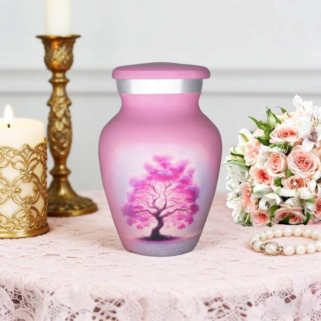 Small Tree of Life Keepsake Urn – Mini Pink Decorative Cremation Urn for Men & Women