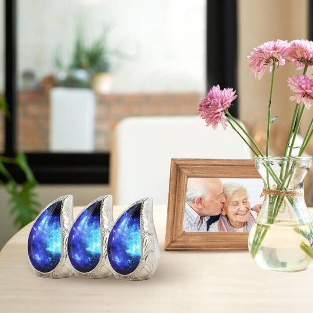 Mini Keepsake Urns for Human Ashes – Cosmic Galaxy Brass Engraved Blue Teardrop (Set of 3)