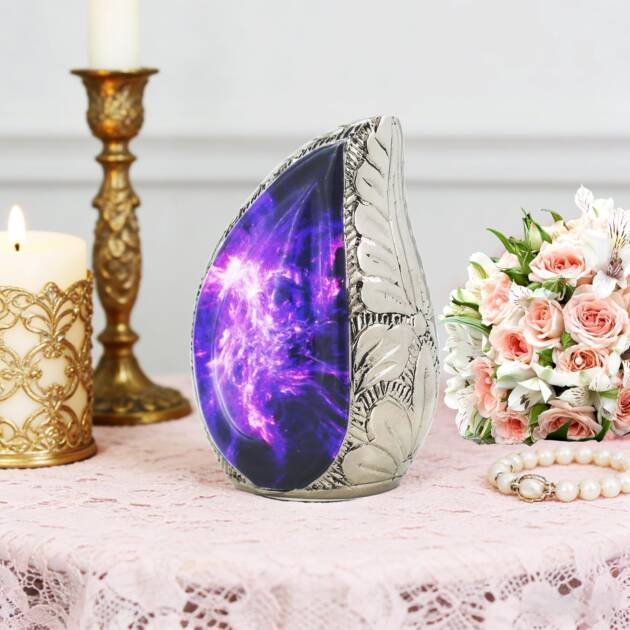 Small Teardrop Keepsake Purple & Blue Urn for Ashes – Brass, Cosmic Galaxy & Aurora Borealis