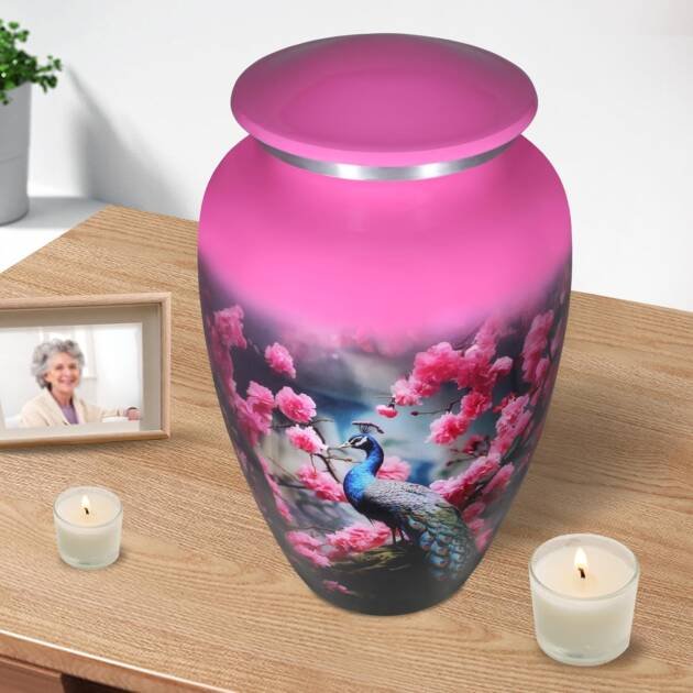 Large Pink Peacock Design Cremation Urn – Floral Memorial Burial Urn for Adults