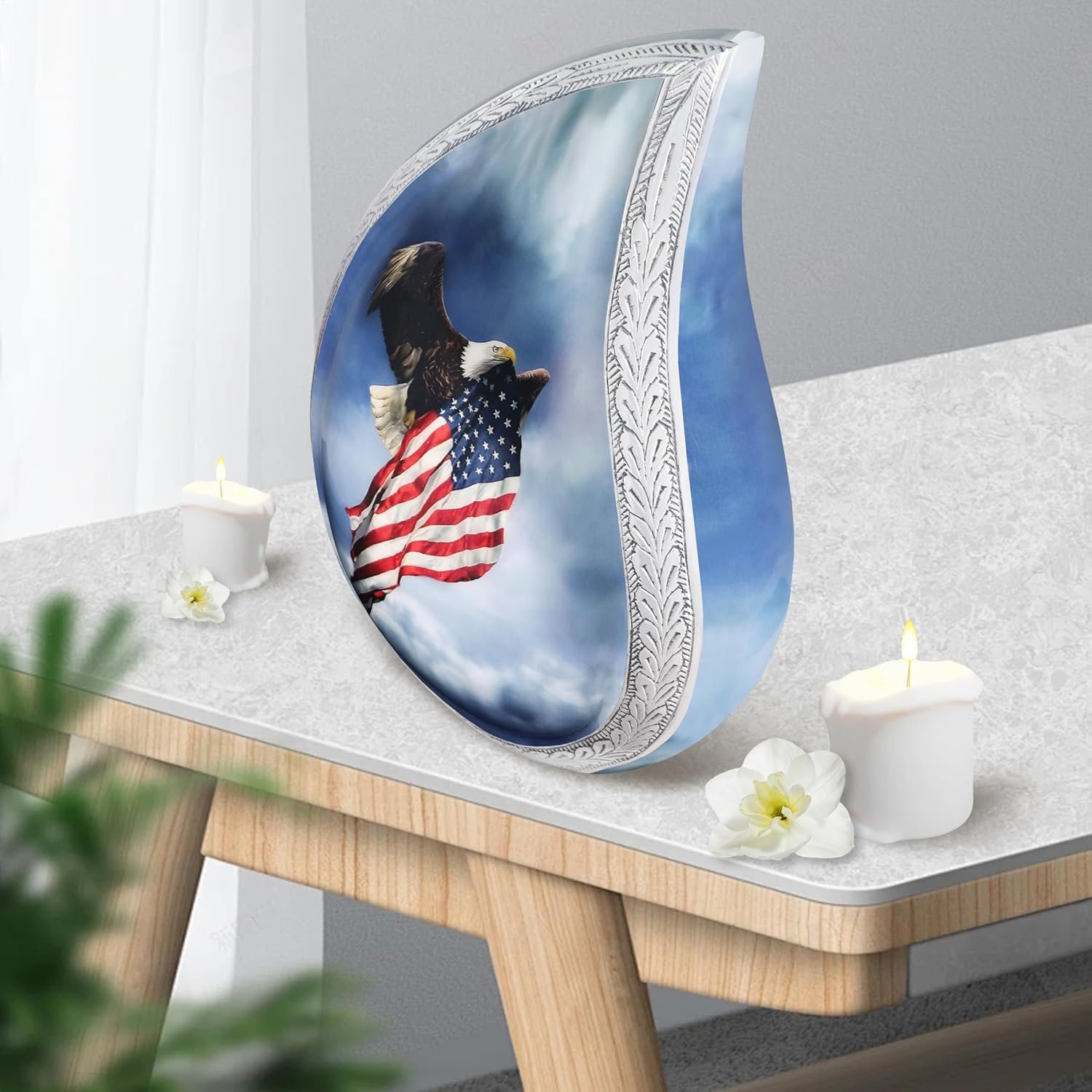Large Patriotic Eagle & Flag Teardrop Cremation Urn β Veteran Flag Design for Adult Men & Women