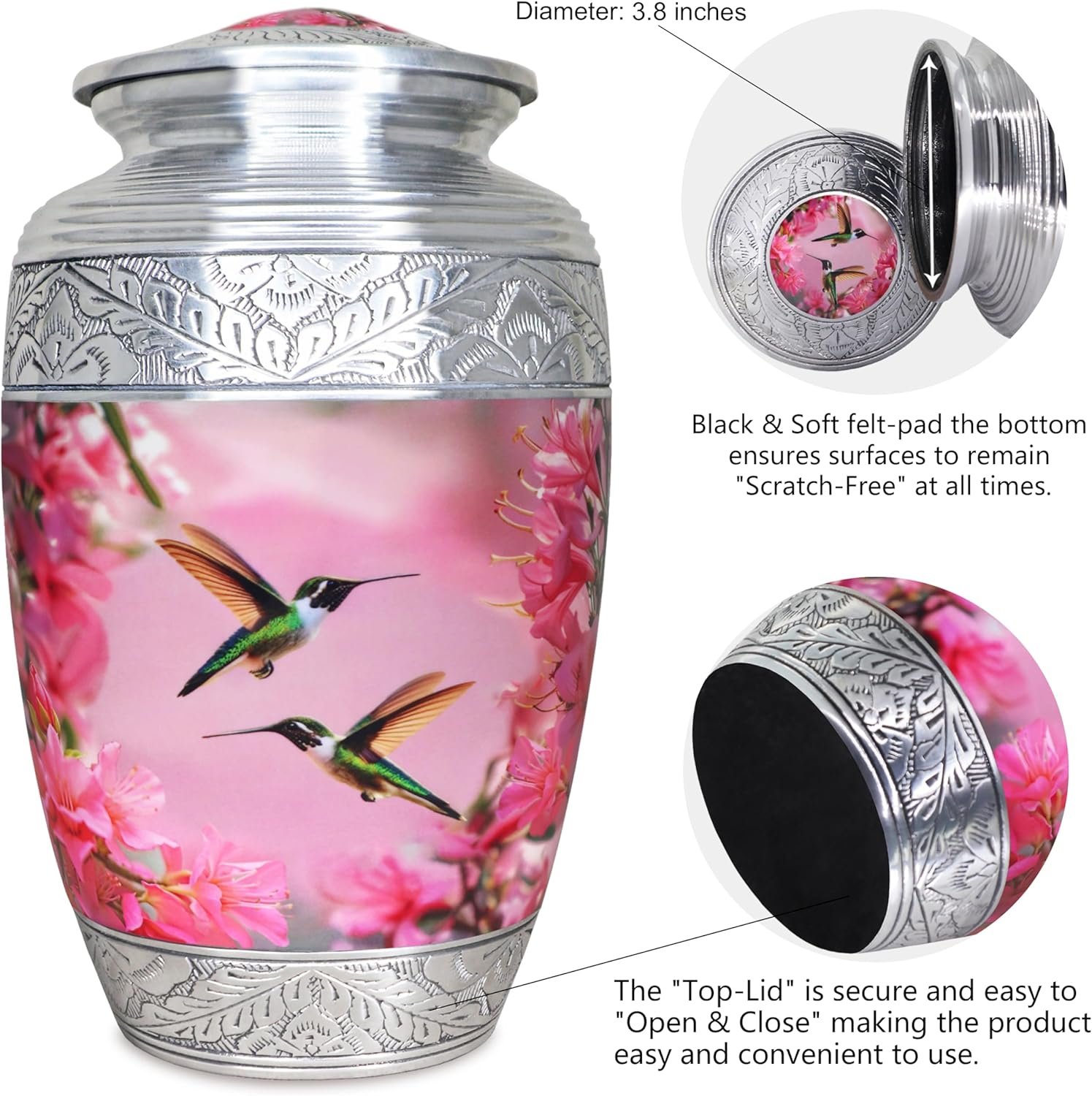 Large Pink Hummingbird & Floral Cremation Urn – Decorative Memorial Urn for Adults - Image 3
