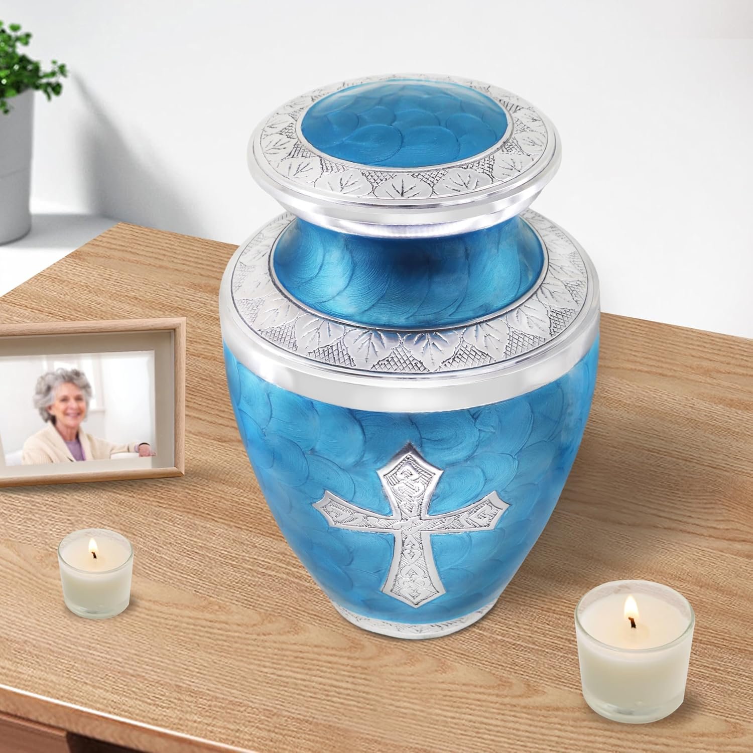 M MEILINXU Cremation Urns for Human Ashes Adult Man & Women, Urn for Ashes Adult Male & Female, Burial, Cross Decorative Urns for Funeral, Silver Religion Crosses Urn, Turquoise - Large Full Size - Image 4