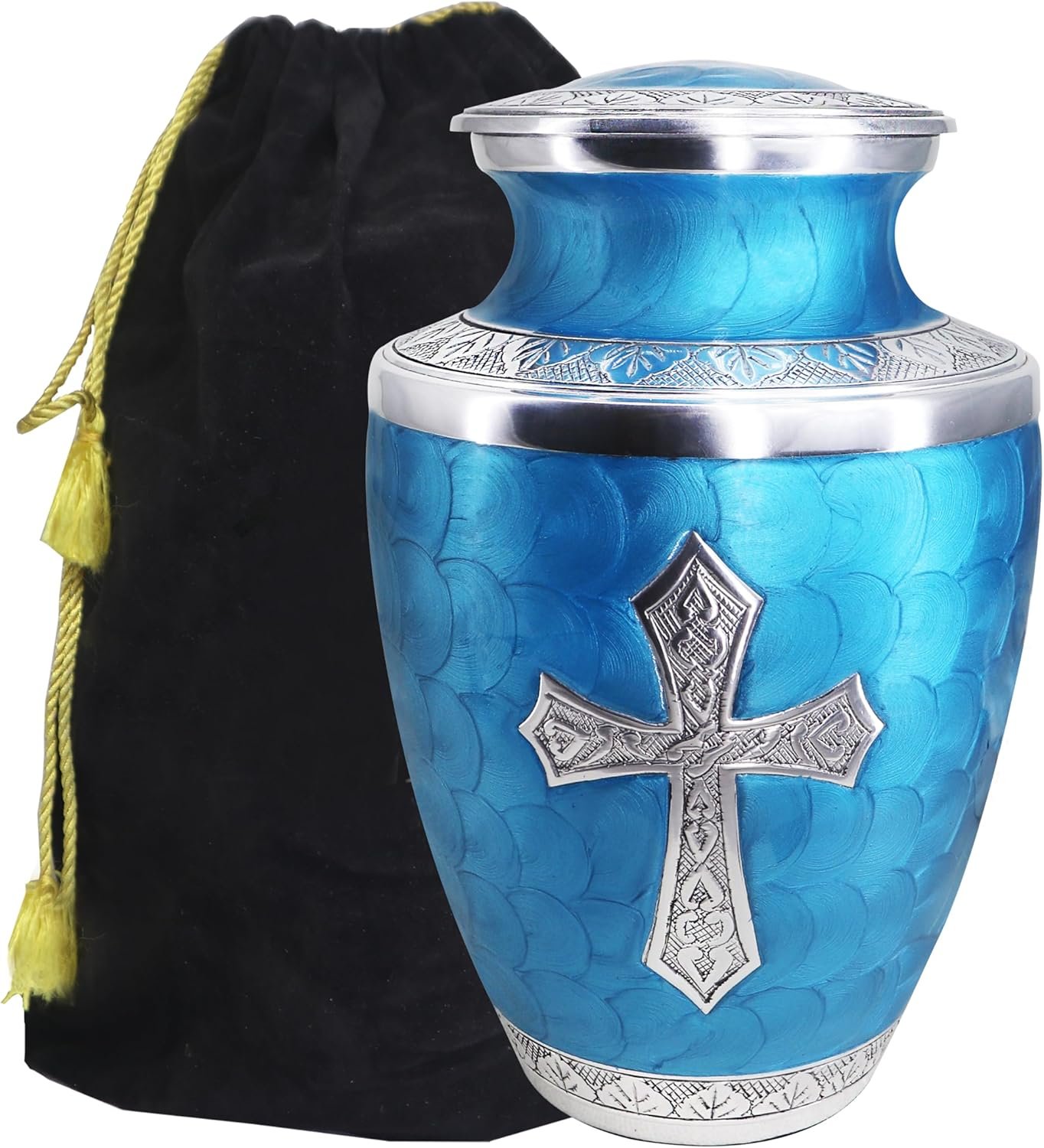 M MEILINXU Cremation Urns for Human Ashes Adult Man & Women, Urn for Ashes Adult Male & Female, Burial, Cross Decorative Urns for Funeral, Silver Religion Crosses Urn, Turquoise - Large Full Size - Image 5