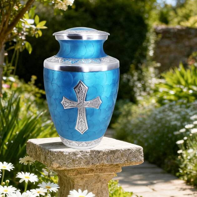 M MEILINXU Cremation Urns for Human Ashes Adult Man & Women, Urn for Ashes Adult Male & Female, Burial, Cross Decorative Urns for Funeral, Silver Religion Crosses Urn, Turquoise - Large Full Size