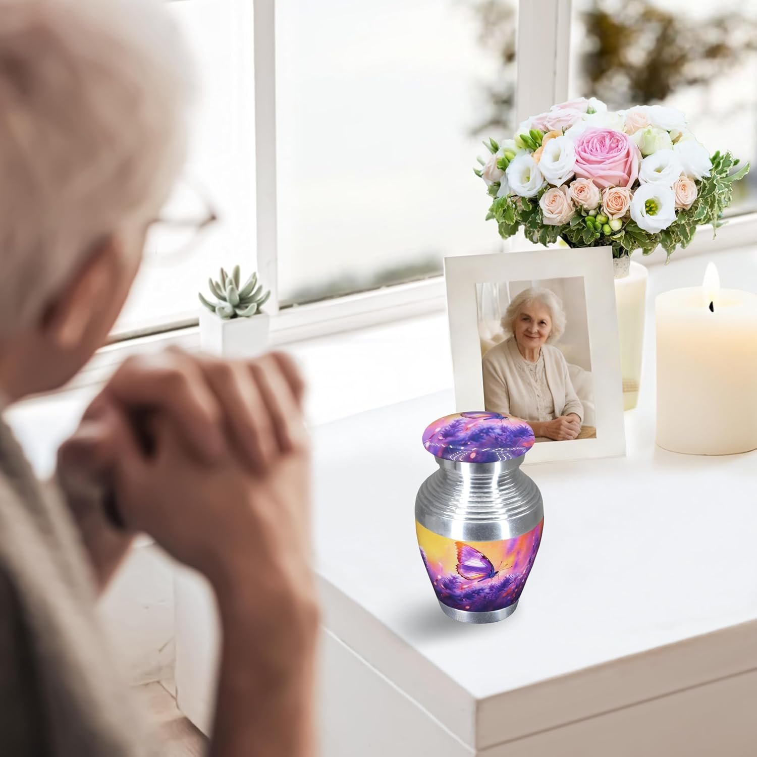 M MEILINXU Small Urns for Human Ashes Keepsake, Urn for Ashes for Women & Man, Mini Decorative, Urn with Purple Butterflies, Little Cremation Container, Butterfly - Small Keepsake - Image 3