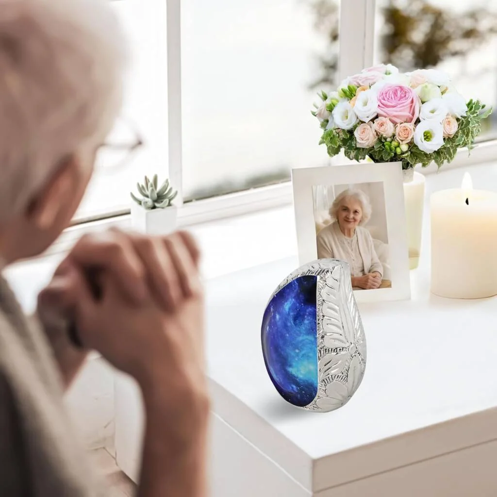 Mini Keepsake Urns for Human Ashes β Cosmic Galaxy Brass Engraved Blue Teardrop (Set of 3) - Image 2