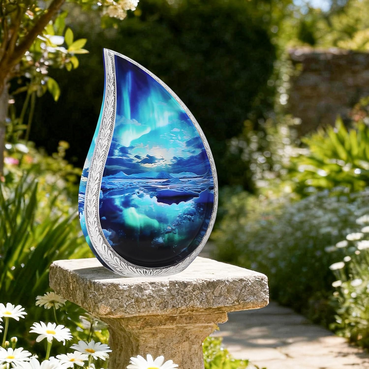 Large Adult Teardrop Turquoise Urn for Ashes β Brass, Cosmic Galaxy Turquoise, Aurora Borealis Tear Drop - Image 5