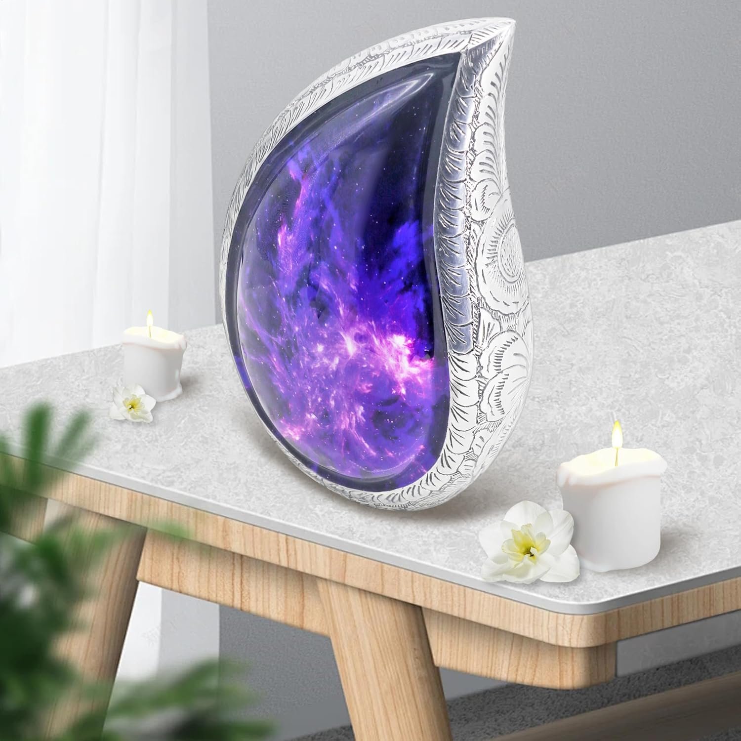 Large Adult Teardrop Purple & Blue Urn for Ashes β Brass, Cosmic Galaxy Tear Drop - Large - Image 2