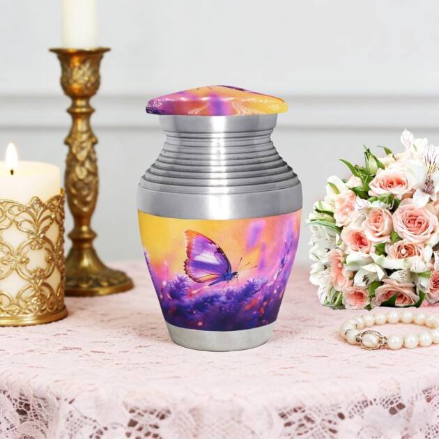 M MEILINXU Small Urns for Human Ashes Keepsake, Urn for Ashes for Women & Man, Mini Decorative, Urn with Purple Butterflies, Little Cremation Container, Butterfly - Small Keepsake