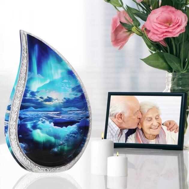 Large Adult Teardrop Turquoise Urn for Ashes – Brass, Cosmic Galaxy Turquoise, Aurora Borealis Tear Drop