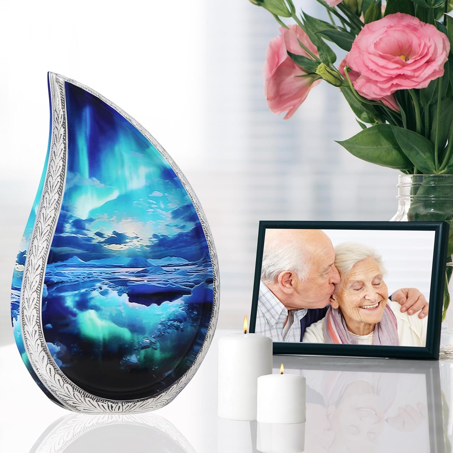 Large Adult Teardrop Turquoise Urn for Ashes β Brass, Cosmic Galaxy Turquoise, Aurora Borealis Tear Drop