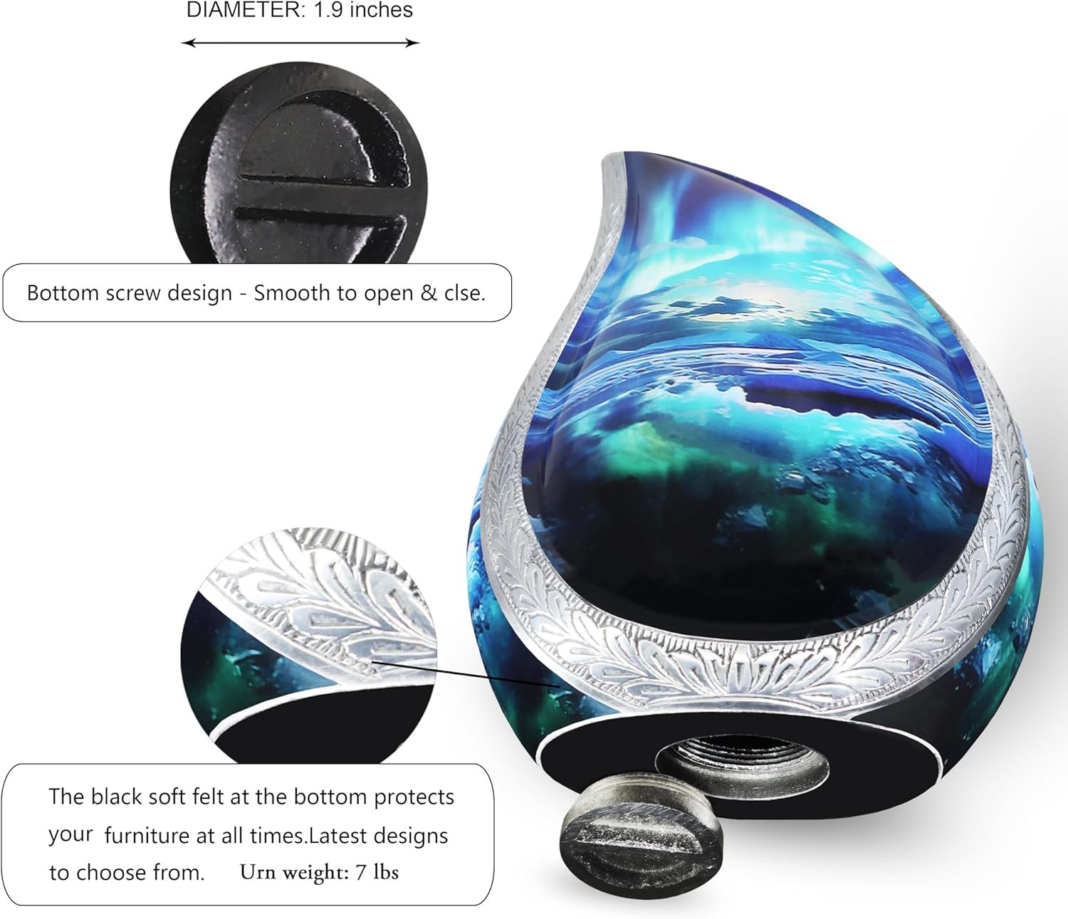 Large Adult Teardrop Turquoise Urn for Ashes β Brass, Cosmic Galaxy Turquoise, Aurora Borealis Tear Drop - Image 6