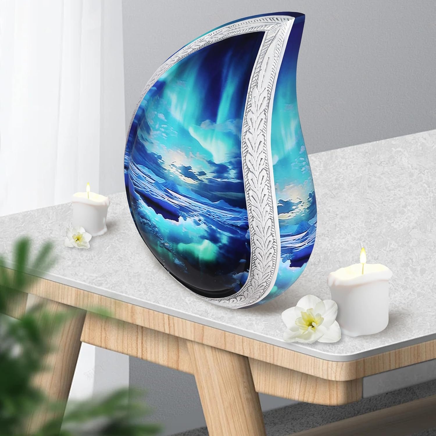 Large Adult Teardrop Turquoise Urn for Ashes β Brass, Cosmic Galaxy Turquoise, Aurora Borealis Tear Drop - Image 4