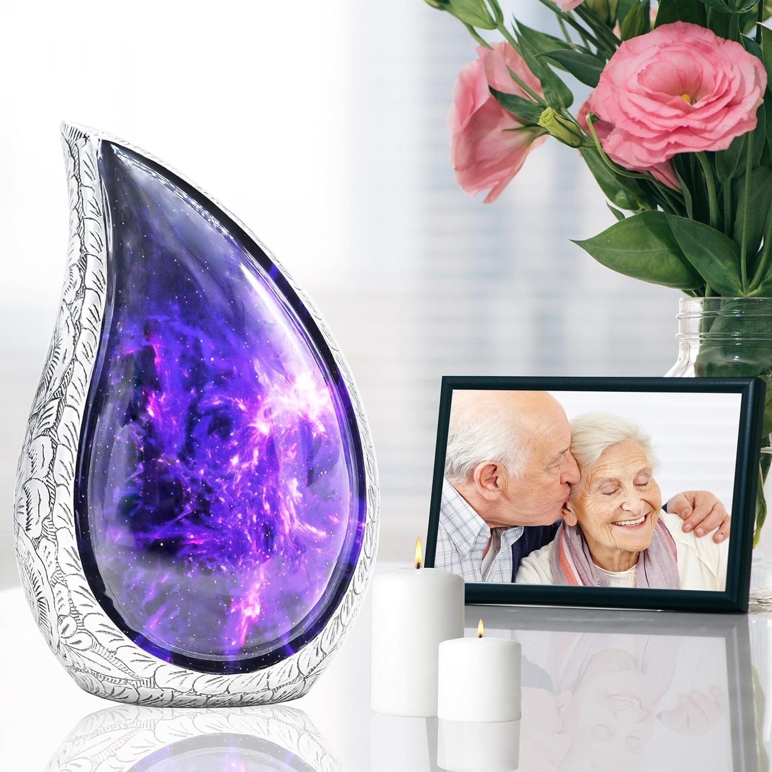 Large Adult Teardrop Purple & Blue Urn for Ashes β Brass, Cosmic Galaxy Tear Drop - Large