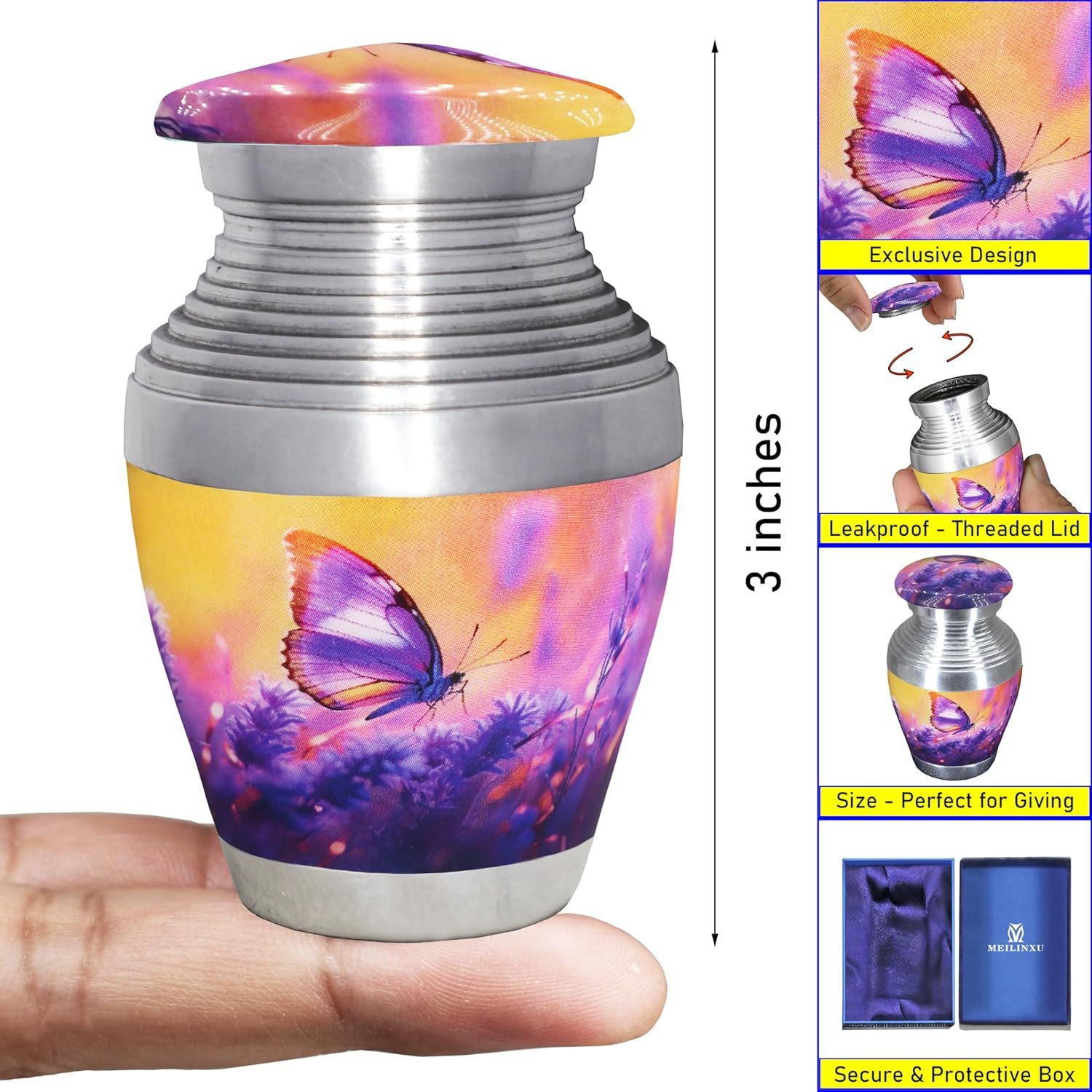 M MEILINXU Small Urns for Human Ashes Keepsake, Urn for Ashes for Women & Man, Mini Decorative, Urn with Purple Butterflies, Little Cremation Container, Butterfly - Small Keepsake - Image 2