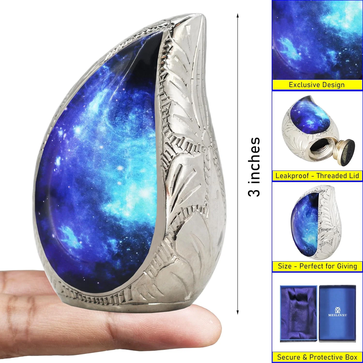 Mini Keepsake Urns for Human Ashes β Cosmic Galaxy Brass Engraved Blue Teardrop (Set of 3) - Image 5